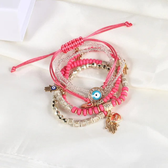 Vembley Elegant Bohemian 6 Bracelet Set featuring Evil Eye, Hamsa charms, beaded layers, adjustable cord, and metallic accents bracelet for women and girls