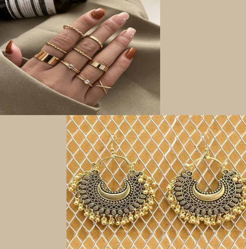 Gold Plated nine Piece Ring set and Afghani Golden Chandbali Earring