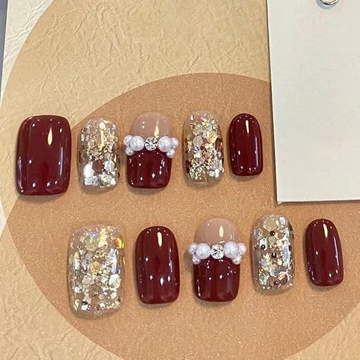 Vembley Set of 24 Artificial Reusable Nails in Golden And Maroon With Pearl And Glue