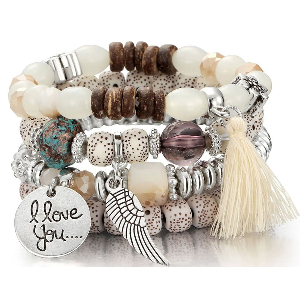 Vembley Trendy Bohemian Bracelet Stack with silver beads, tassel charm, and love pendant for women and girls