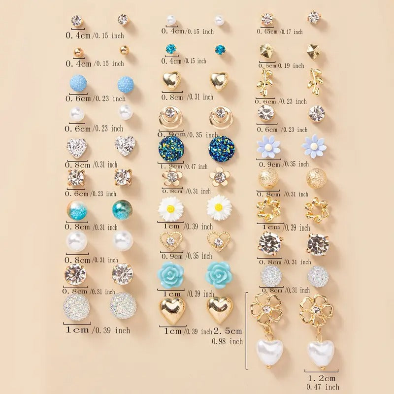 Vembley Trendy Set Of 30 Pair Crystal, Pearl & Flower Stud Earrings for Women & Girls