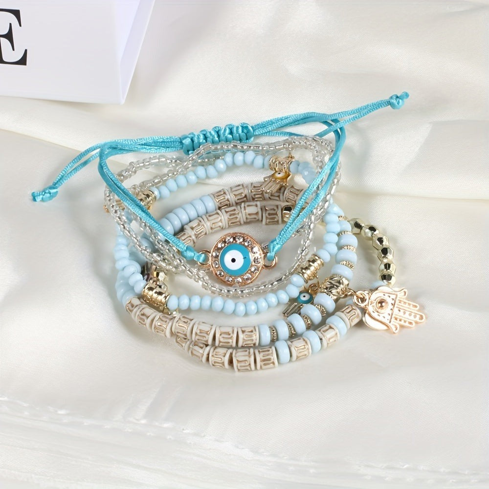 Vembley Elegant Bohemian 6 Bracelet Set featuring Evil Eye, Hamsa charms, beaded layers, adjustable cord, and metallic accents bracelet for women and girls