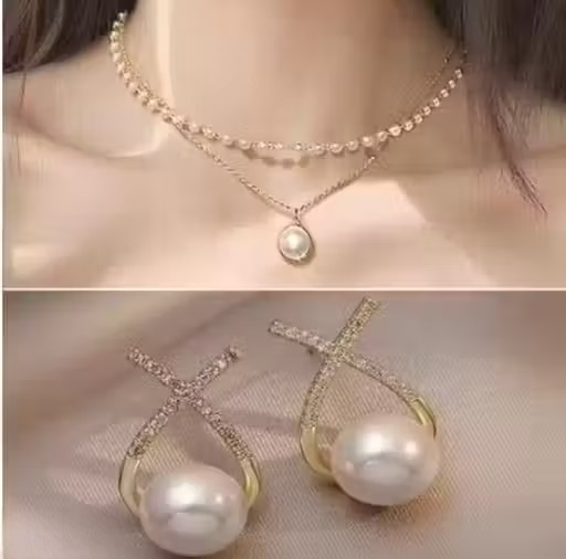 Vembley Elegant Pearl Drop Earrings with Sparkling Crystal Design Necklace for Women