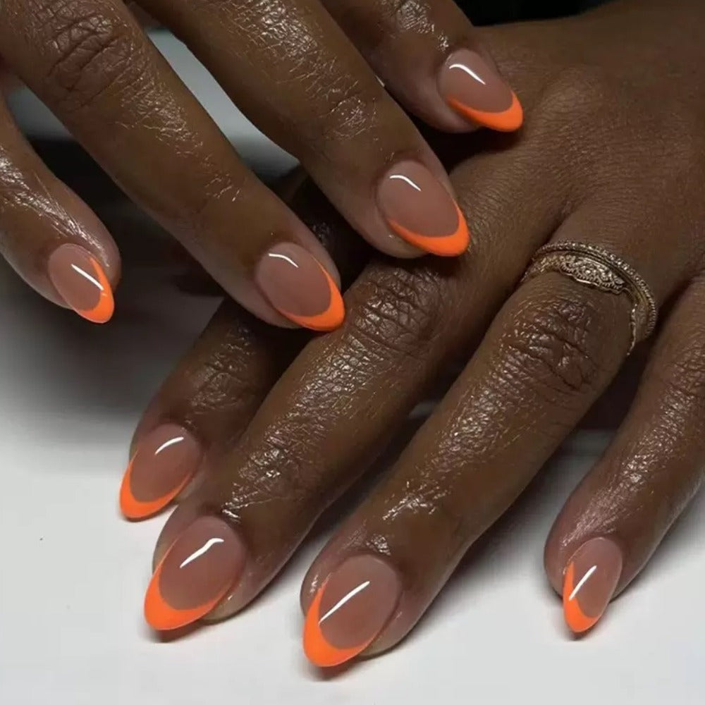 Vembley Trendy 24 Pcs Reusable Orange French Tip Artificial Nails Set for Women and Girls with Glue and stickers