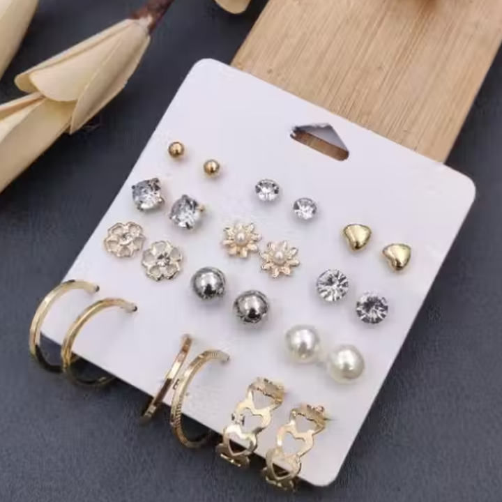 Vembley Trendy 12-Pair Gold-Plated Earring Combo featuring floral, pearl, heart, and crystal stud