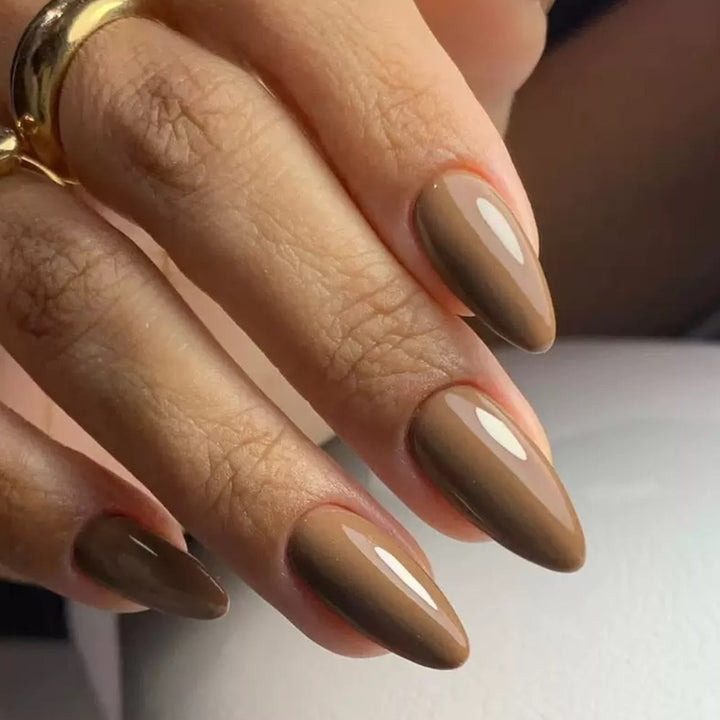 Vembley Elegant Glossy Coffee Brown Almond-Shaped Artificial Nail Set for Women And Girls