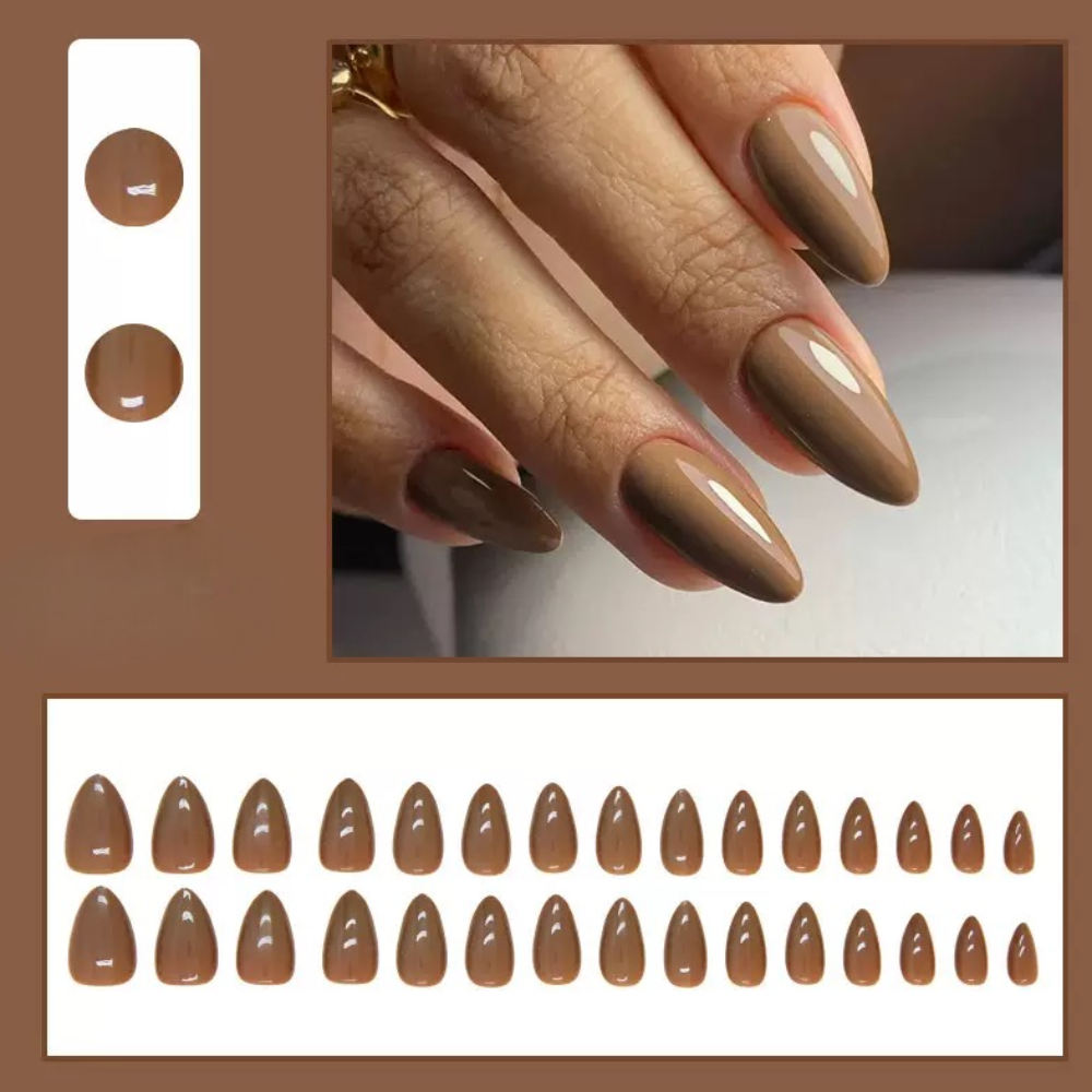 Vembley Elegant Glossy Coffee Brown Almond-Shaped Artificial Nail Set for Women And Girls