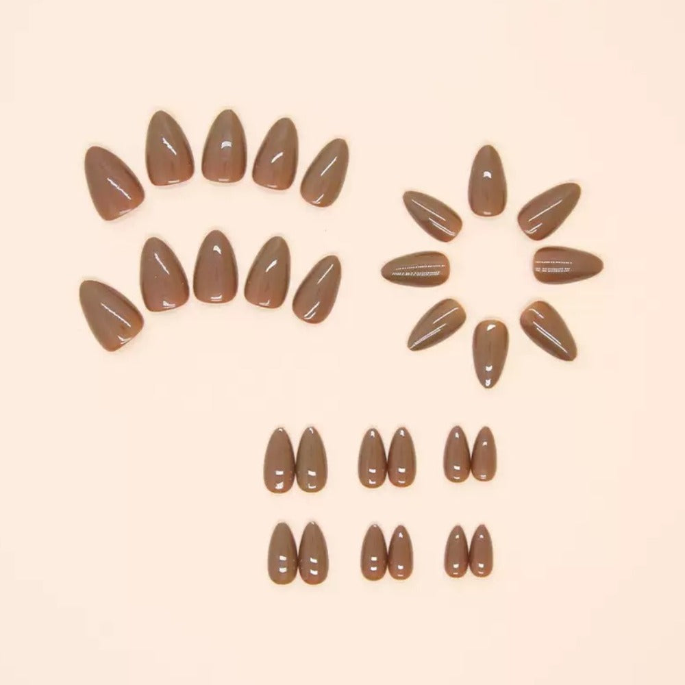 Vembley Elegant Glossy Coffee Brown Almond-Shaped Artificial Nail Set for Women And Girls