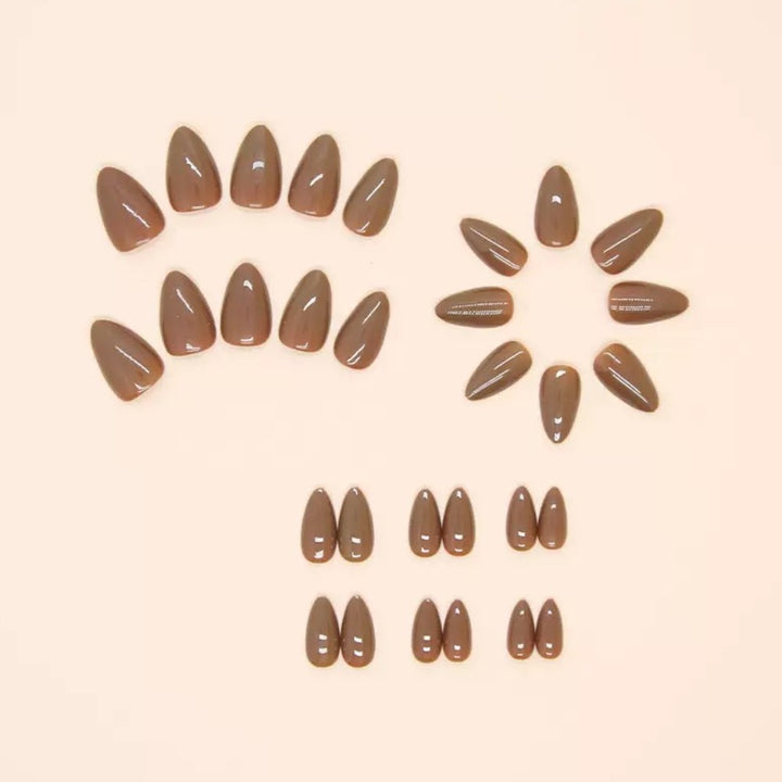 Vembley Elegant Glossy Coffee Brown Almond-Shaped Artificial Nail Set for Women And Girls
