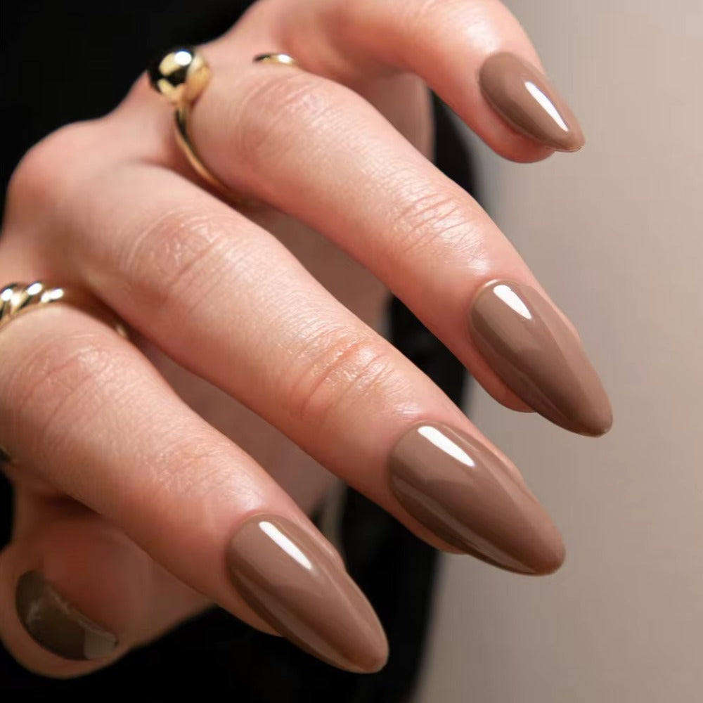 Vembley Elegant Glossy Coffee Brown Almond-Shaped Artificial Nail Set for Women And Girls