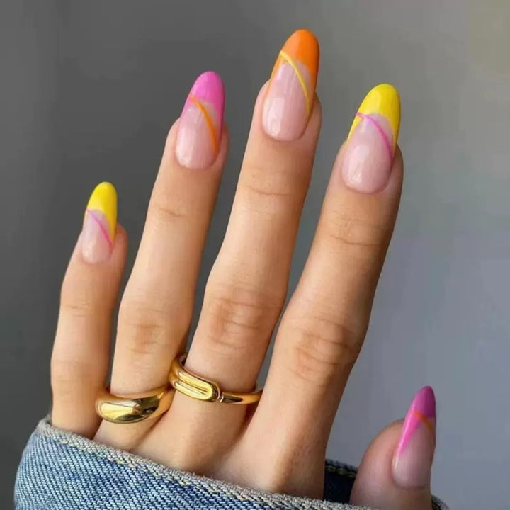 Vembley Vibrant Neon French Tip Almond Nail Set with Pink, Yellow & Orange Design for Trendy Women Artificial Nails