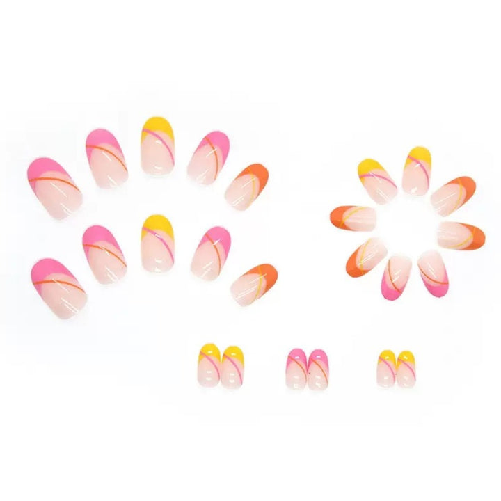 Vembley Vibrant Neon French Tip Almond Nail Set with Pink, Yellow & Orange Design for Trendy Women Artificial Nails