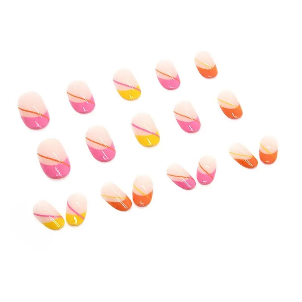 Vembley Vibrant Neon French Tip Almond Nail Set with Pink, Yellow & Orange Design for Trendy Women Artificial Nails