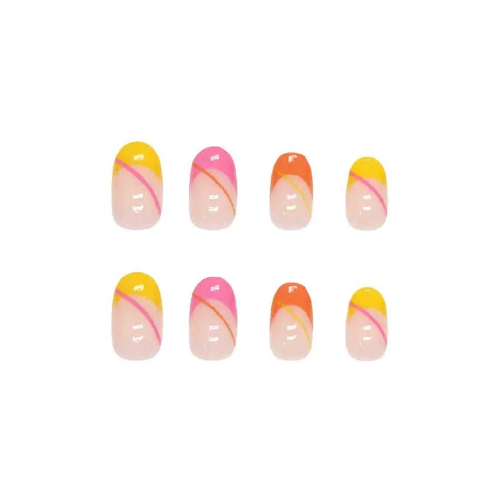 Vembley Vibrant Neon French Tip Almond Nail Set with Pink, Yellow & Orange Design for Trendy Women Artificial Nails