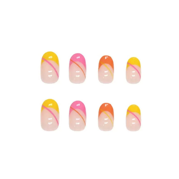 Vembley Vibrant Neon French Tip Almond Nail Set with Pink, Yellow & Orange Design for Trendy Women Artificial Nails