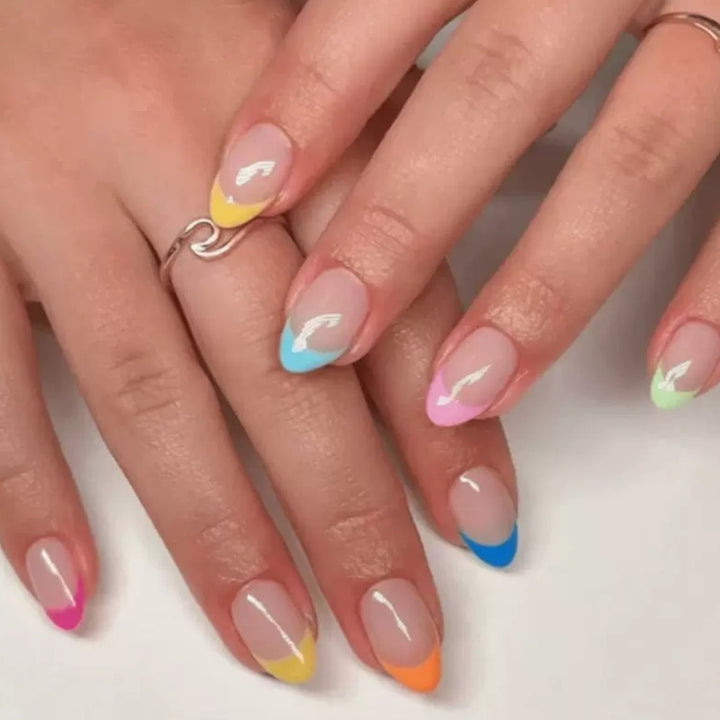 Vembley Trendy Pastel French Tip Almond Nail Set with Multicolor Design for Women and Girls