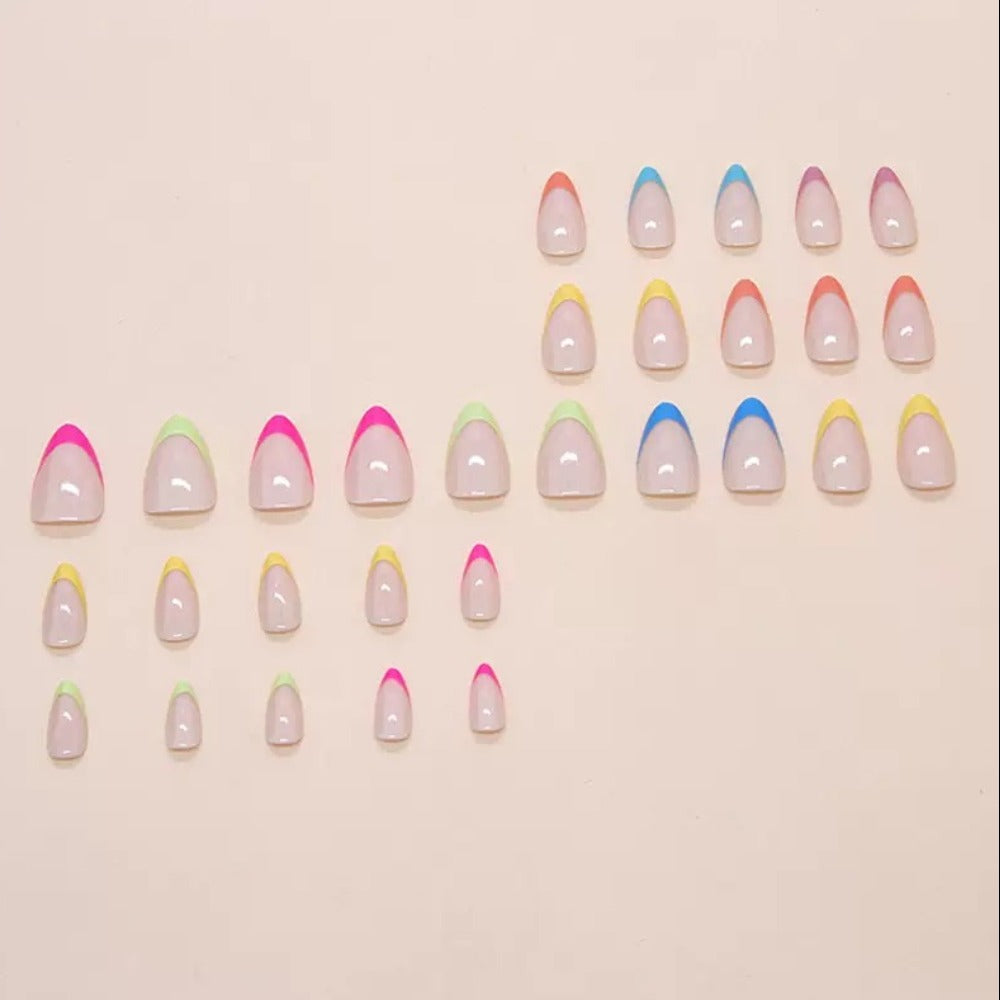 Vembley Trendy Pastel French Tip Almond Nail Set with Multicolor Design for Women and Girls