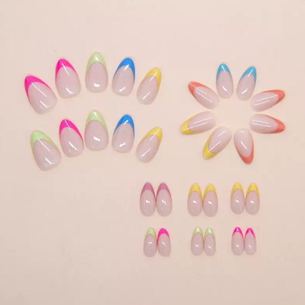 Vembley Trendy Pastel French Tip Almond Nail Set with Multicolor Design for Women and Girls