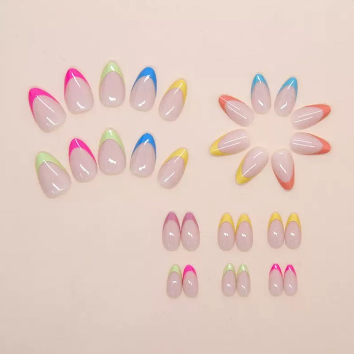 Vembley Trendy Pastel French Tip Almond Nail Set with Multicolor Design for Women and Girls