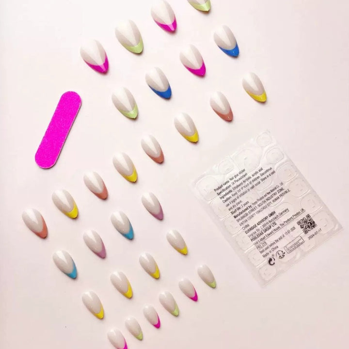 Vembley Trendy Pastel French Tip Almond Nail Set with Multicolor Design for Women and Girls