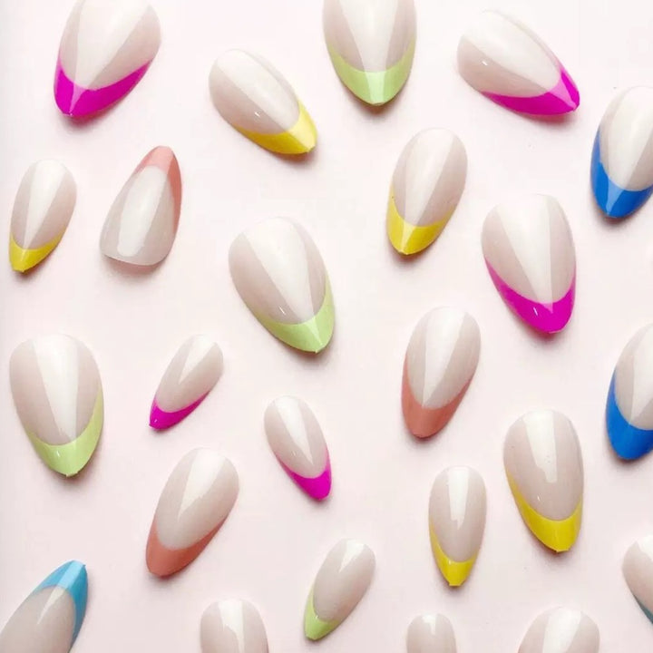 Vembley Trendy Pastel French Tip Almond Nail Set with Multicolor Design for Women and Girls