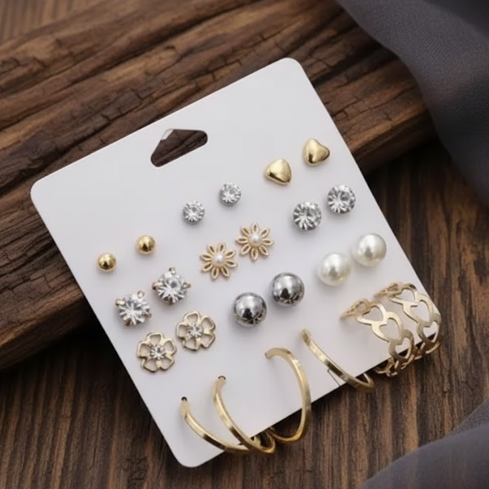 Vembley Trendy 12-Pair Gold-Plated Earring Combo featuring floral, pearl, heart, and crystal stud