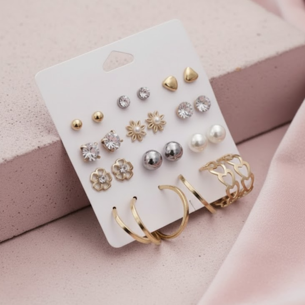 Vembley Trendy 12-Pair Gold-Plated Earring Combo featuring floral, pearl, heart, and crystal stud