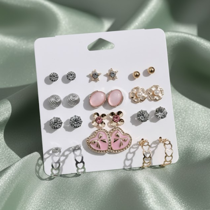 Vembley 12-Pair Earring Combo Featuring Pink Heart, Floral, And Crystal Studs