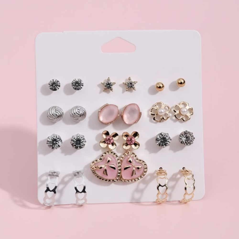Vembley 12-Pair Earring Combo Featuring Pink Heart, Floral, And Crystal Studs