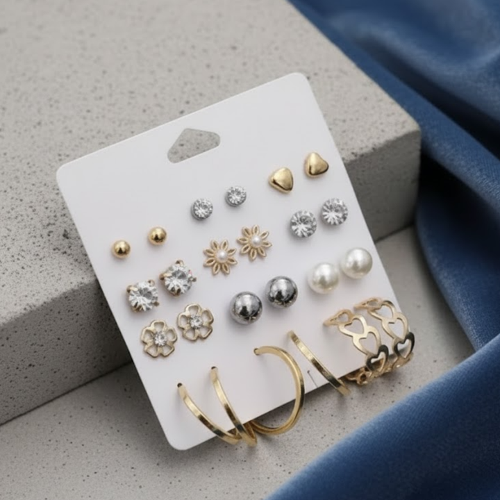 Vembley Trendy 12-Pair Gold-Plated Earring Combo featuring floral, pearl, heart, and crystal stud