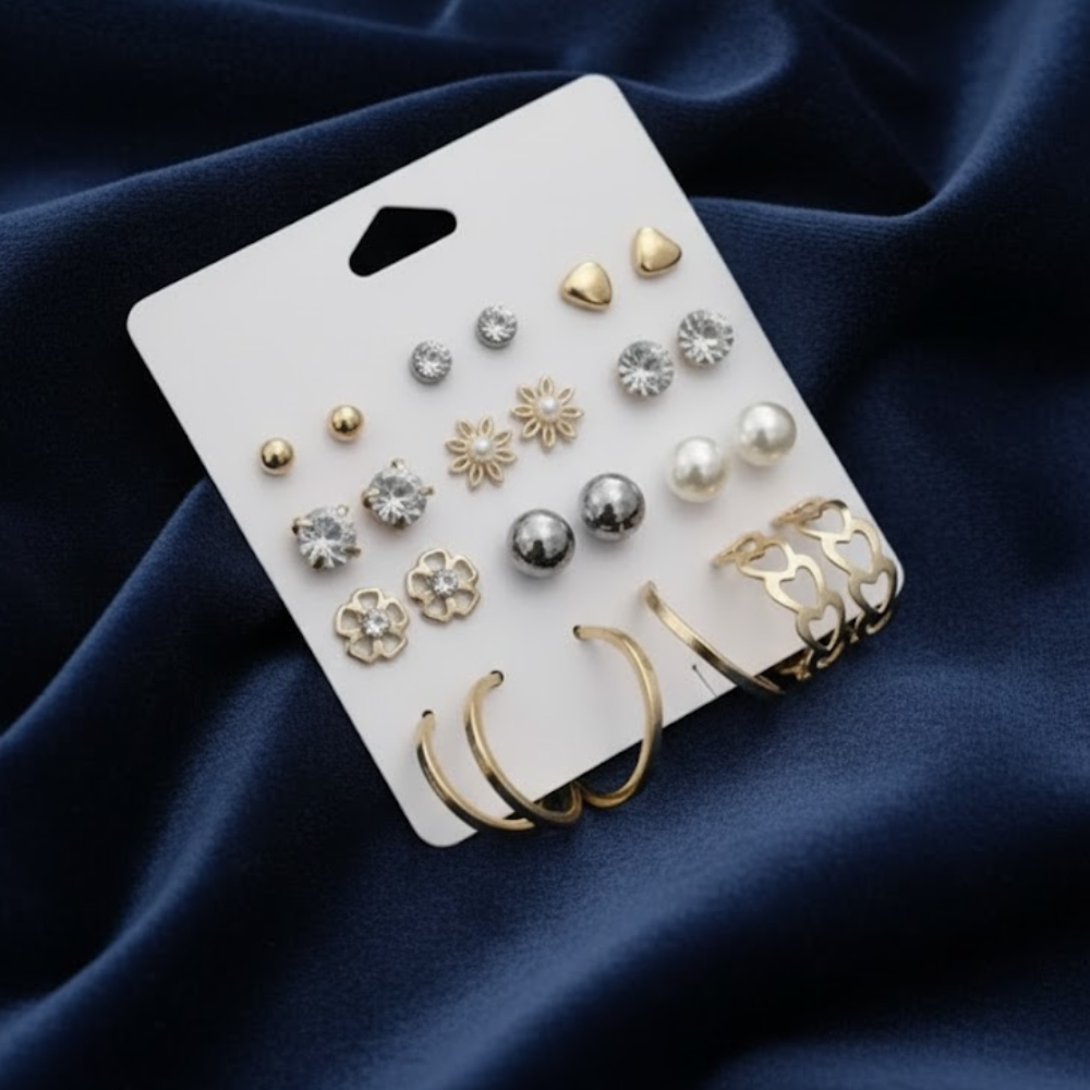 Vembley Trendy 12-Pair Gold-Plated Earring Combo featuring floral, pearl, heart, and crystal stud