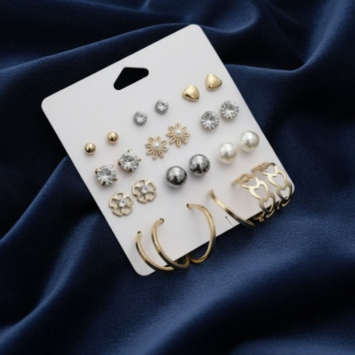 Vembley Trendy 12-Pair Gold-Plated Earring Combo featuring floral, pearl, heart, and crystal stud
