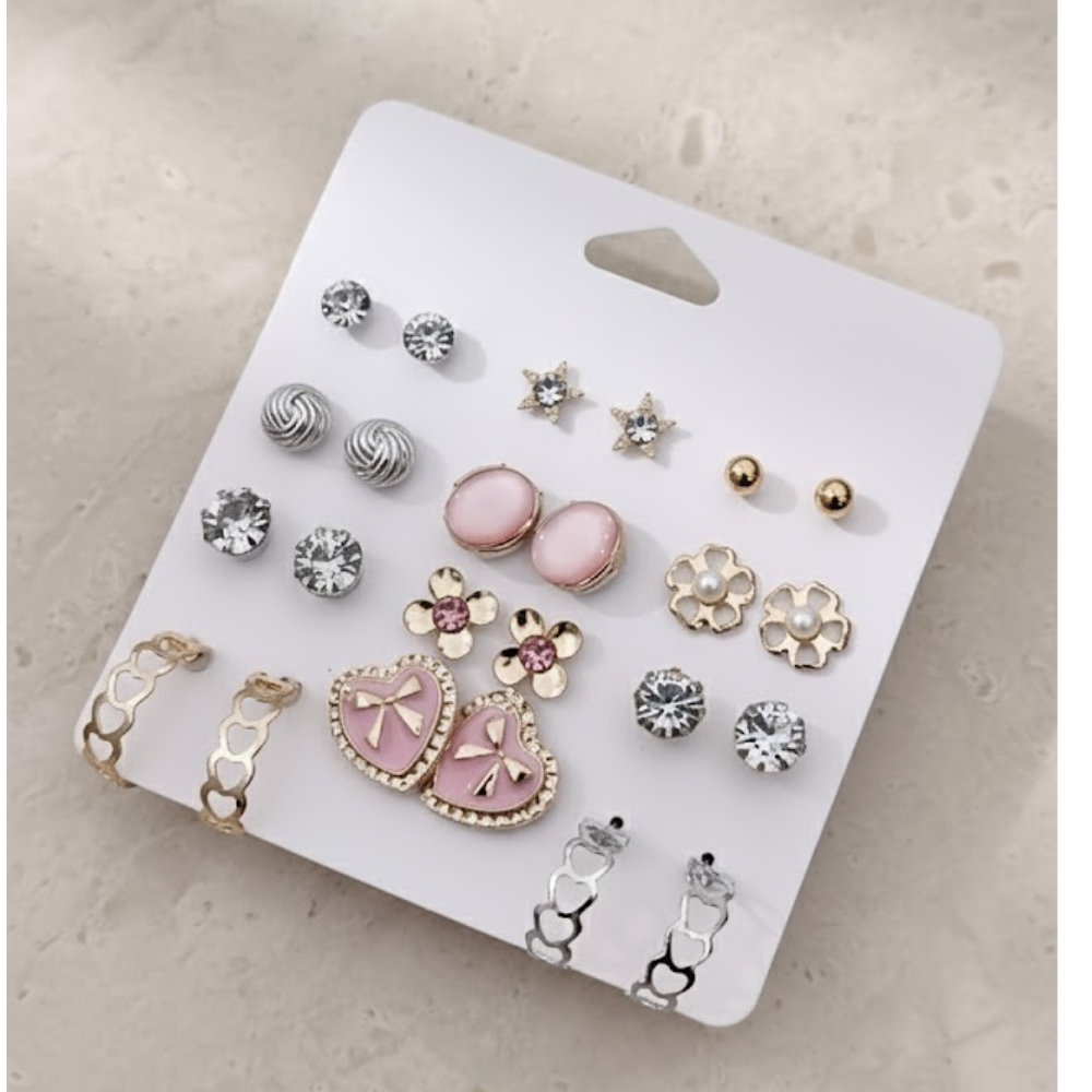 Vembley 12-Pair Earring Combo Featuring Pink Heart, Floral, And Crystal Studs
