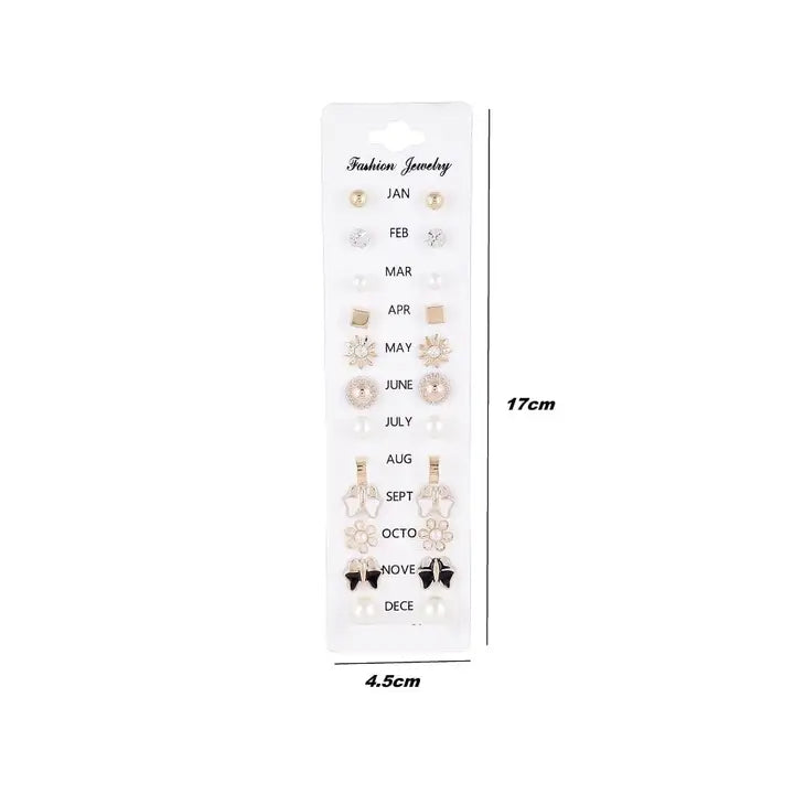 Vembley Beautiful 12 pair combo set Zircon, Black, Pearl Brass, Stone, Silicone, Alloy, Silver Stud Earring, Hoop Earring, Cuff Earring, Ear Thread, Earring Set
