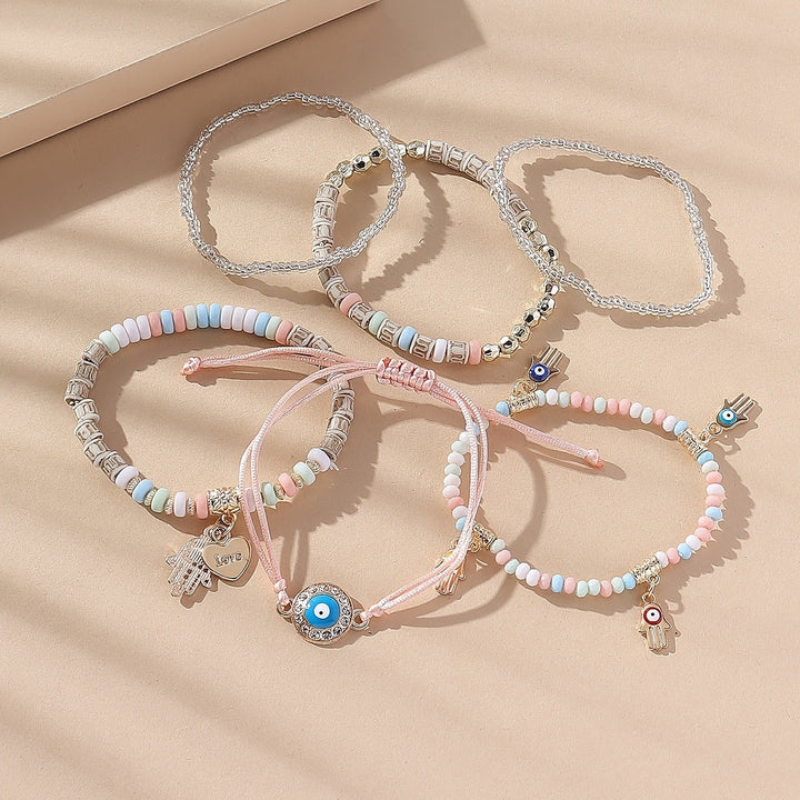 Vembley Elegant Bohemian 6 Bracelet Set featuring Evil Eye, Hamsa charms, beaded layers, adjustable cord, and metallic accents bracelet for women and girls
