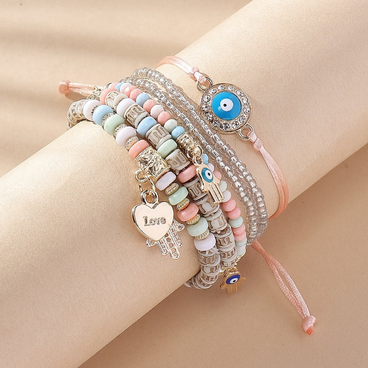 Vembley Elegant Bohemian 6 Bracelet Set featuring Evil Eye, Hamsa charms, beaded layers, adjustable cord, and metallic accents bracelet for women and girls
