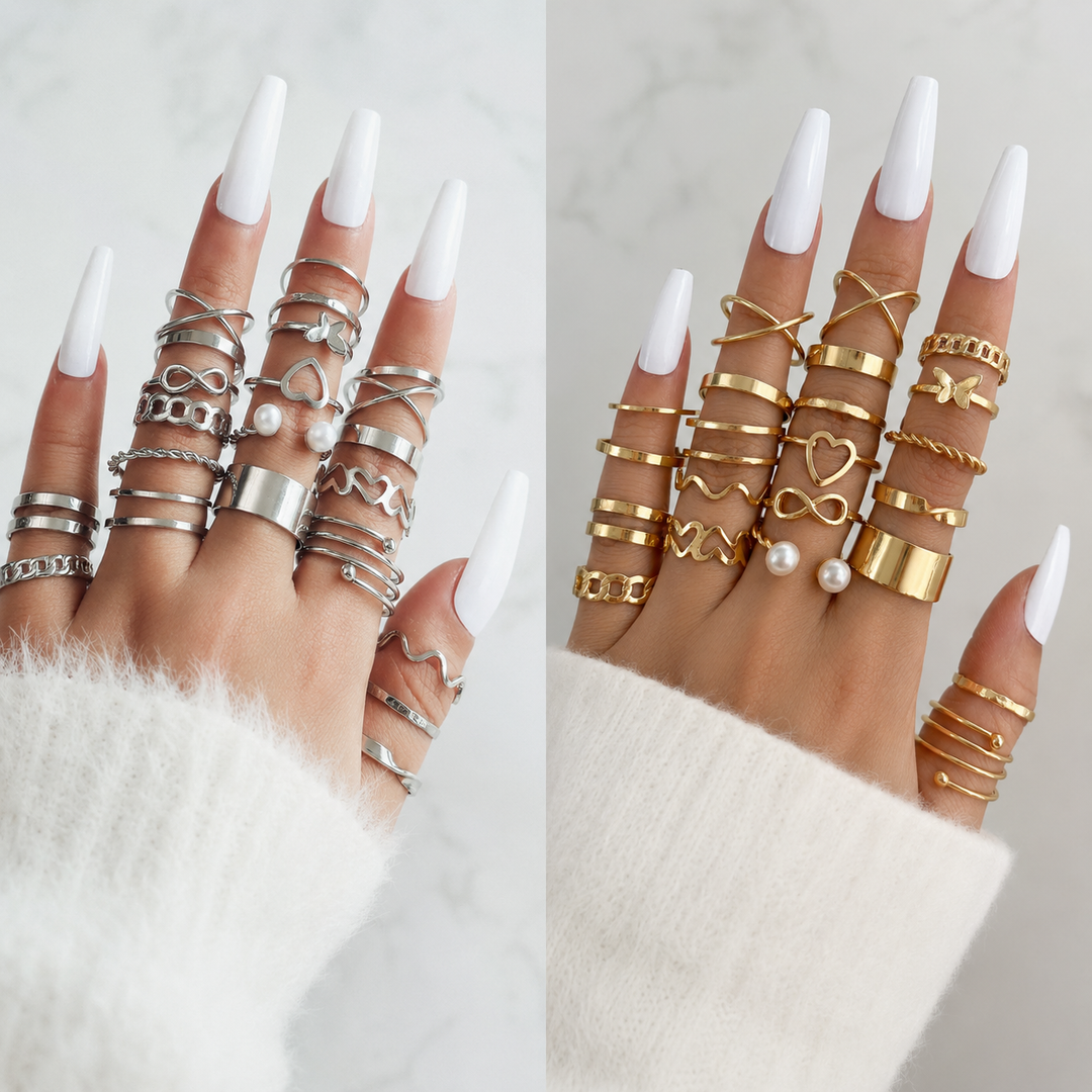 Vembley Elegant Adjustable Gold & Silver Multi-Style Fashion Ring Set