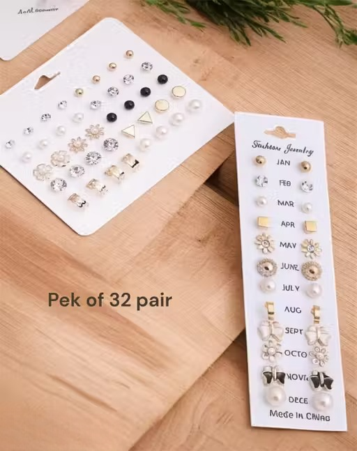 Vembley Elegant Floral Pearl Crystal Multi-Style Stud Earrings Set for Women
