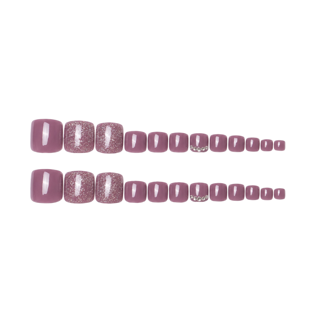 Vembley Set of 24Pcs Artificial Reusable Glossy Purple Mauve Toe Nails with Rhinestone Design