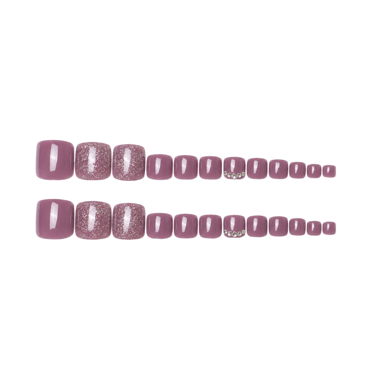 Vembley Set of 24Pcs Artificial Reusable Glossy Purple Mauve Toe Nails with Rhinestone Design