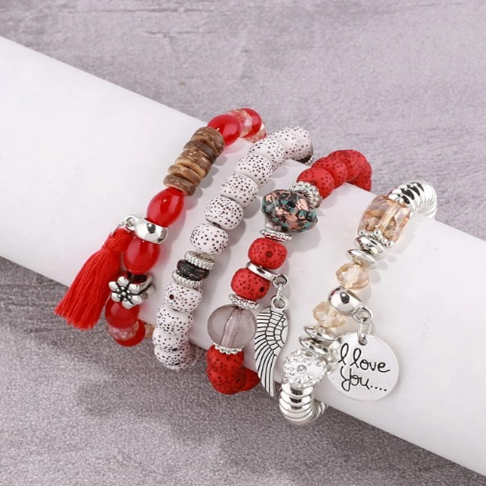 Vembley Trendy Bohemian Bracelet Stack with silver beads, tassel charm, and love pendant for women and girls