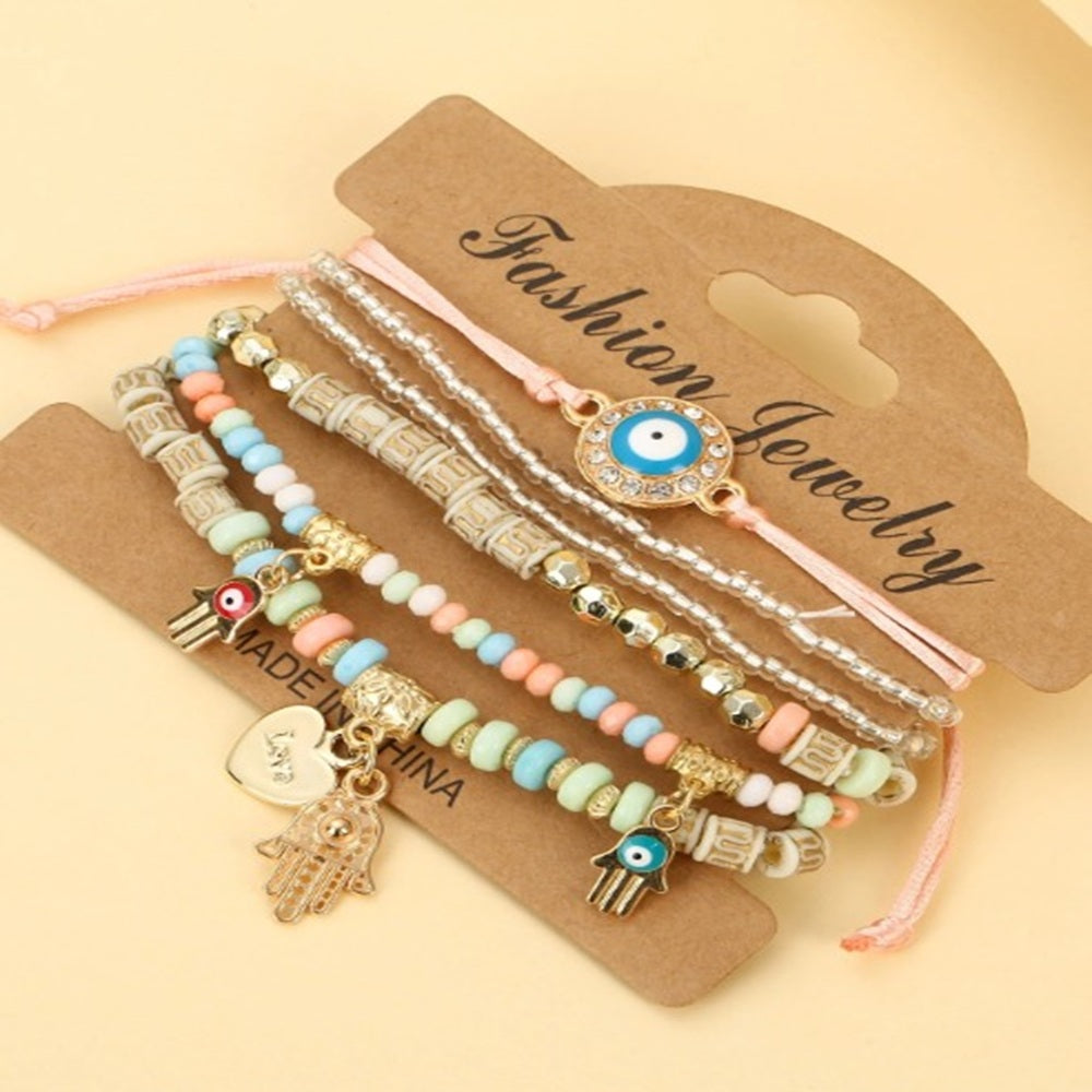 Vembley Elegant Bohemian 6 Bracelet Set featuring Evil Eye, Hamsa charms, beaded layers, adjustable cord, and metallic accents bracelet for women and girls