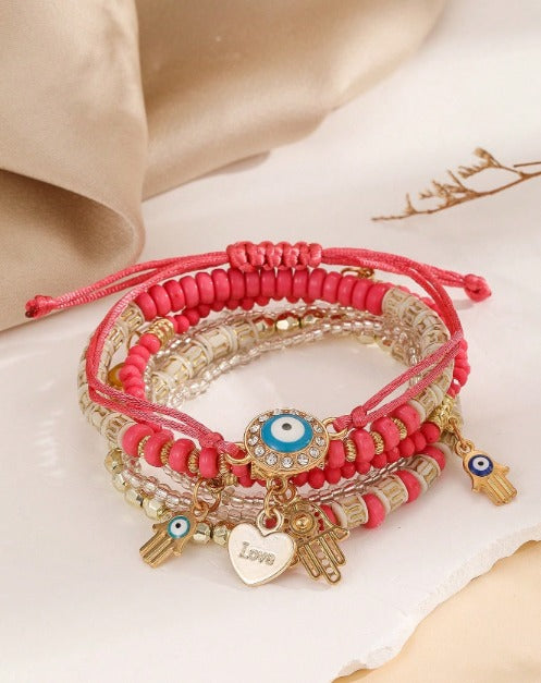 Vembley Elegant Bohemian 6 Bracelet Set featuring Evil Eye, Hamsa charms, beaded layers, adjustable cord, and metallic accents bracelet for women and girls