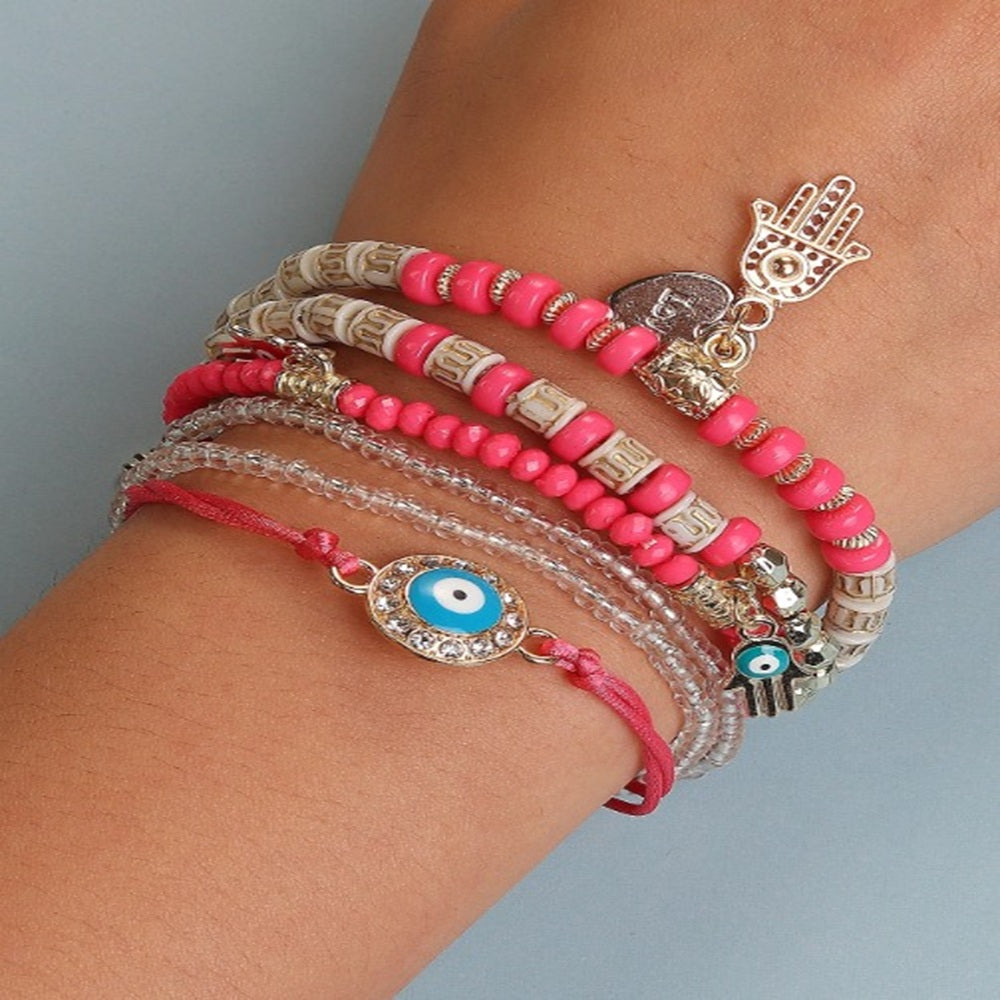 Vembley Elegant Bohemian 6 Bracelet Set featuring Evil Eye, Hamsa charms, beaded layers, adjustable cord, and metallic accents bracelet for women and girls
