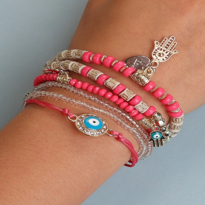 Vembley Elegant Bohemian 6 Bracelet Set featuring Evil Eye, Hamsa charms, beaded layers, adjustable cord, and metallic accents bracelet for women and girls