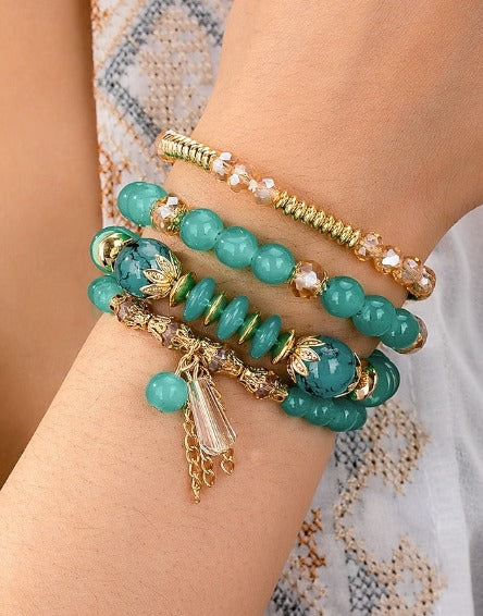 Vembley Boho Stackable Bracelets for Women Set, 4 Pack Girls Stretch Multilayer Stack Beads Green Beaded Charm Bracelets