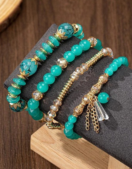 Vembley Boho Stackable Bracelets for Women Set, 4 Pack Girls Stretch Multilayer Stack Beads Green Beaded Charm Bracelets