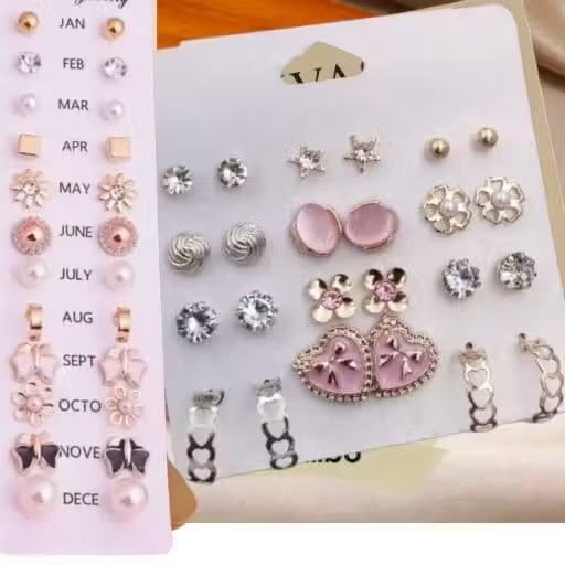 Vembley Stylish Pink Crystal Floral Heart Stud Earrings Set for Women