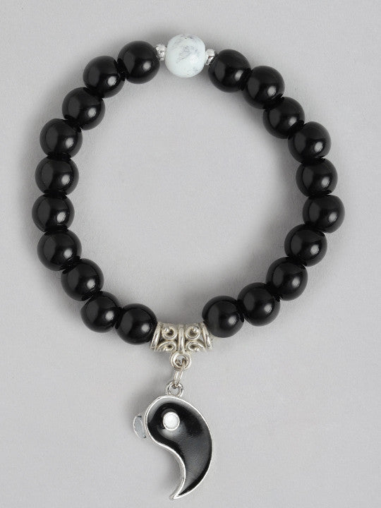 Vembley Black & White Yin Yang Beaded Couple Bracelets - Matching Heart Charm Set