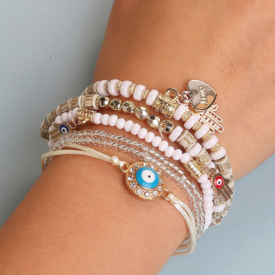 Vembley Elegant Bohemian 6 Bracelet Set featuring Evil Eye, Hamsa charms, beaded layers, adjustable cord, and metallic accents bracelet for women and girls